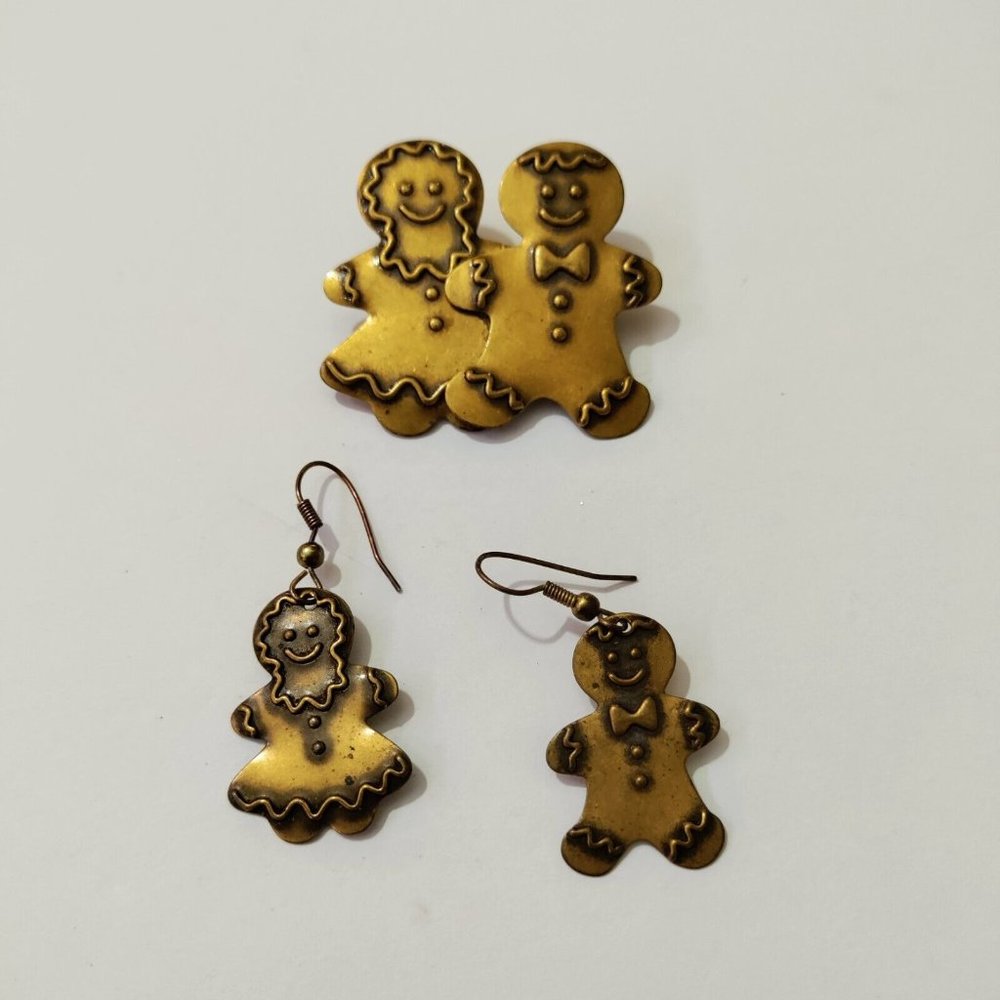 2/$20 Vintage Brass Gingerbread Man Woman Earrings Brooch Pin Set Christmas